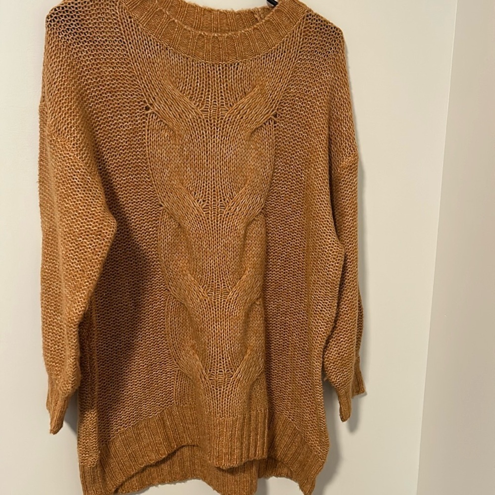 Aerie 25% Wool Cream Tan Brown Cable Knit Sweater Long Sleeve Sz XS Fall Winter
